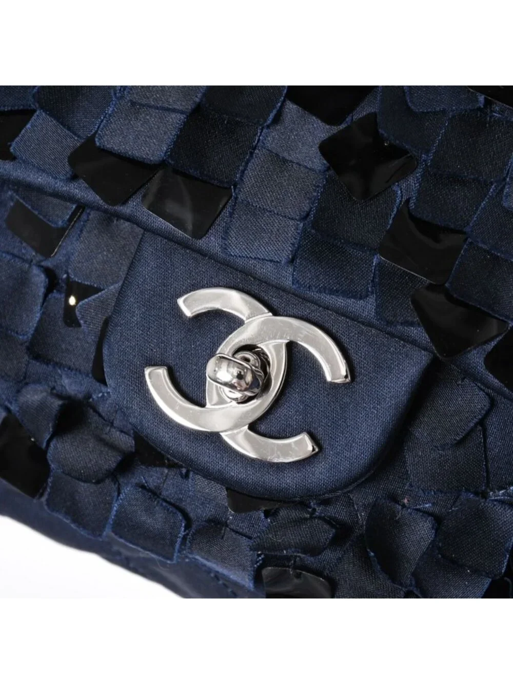 Chanel Quilted 25 Double Flap Chain Shoulder Bag CC Logo Satin Sequin Navy